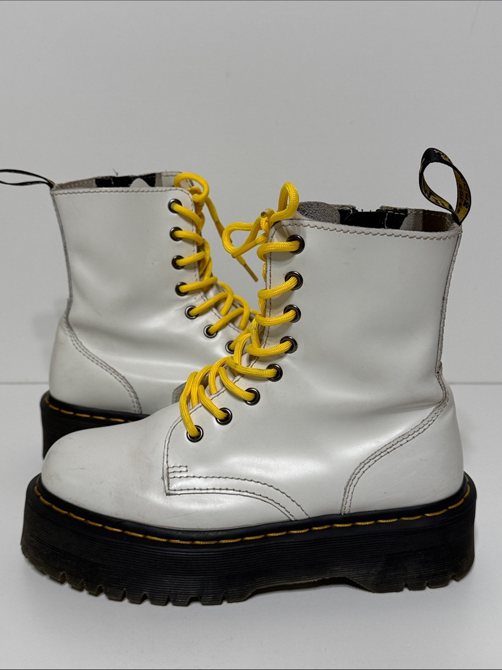 Dr. Martens Jadon White Leather Lace-Up Boots with Yellow Laces